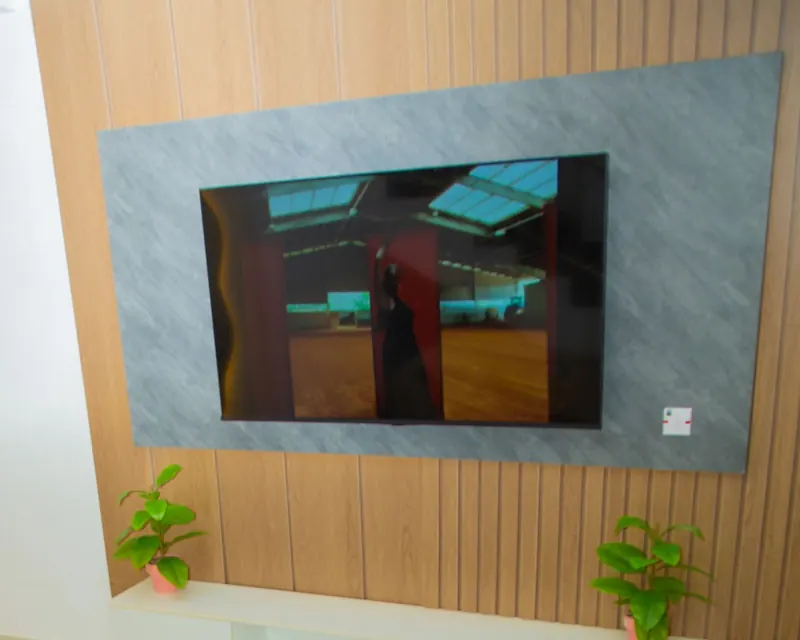 TV mounted on a grey stone-look panel over a slatted wood wall with small plants below