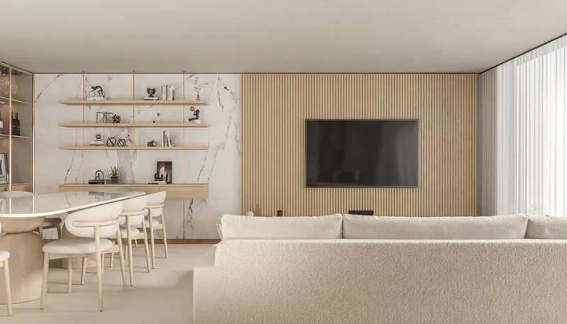 TV on a slatted wood wall with no cords showing, behind a white sofa